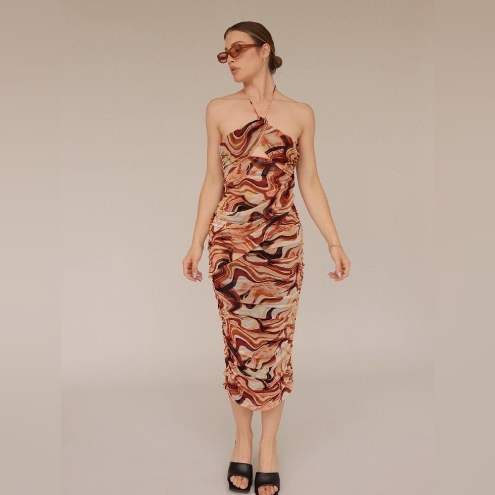 En Saison Esther Ruched Halter Neck Cutout Midi Dress